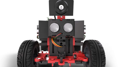 Close-up of a robot's front view showcasing sensors and wheels for STEM coding competitions.