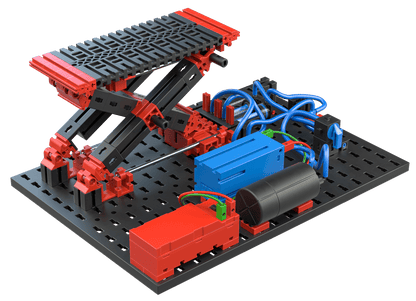 STEM Pneumatics kit in red and blue showcasing basic pneumatic components and mechanisms on a black base.