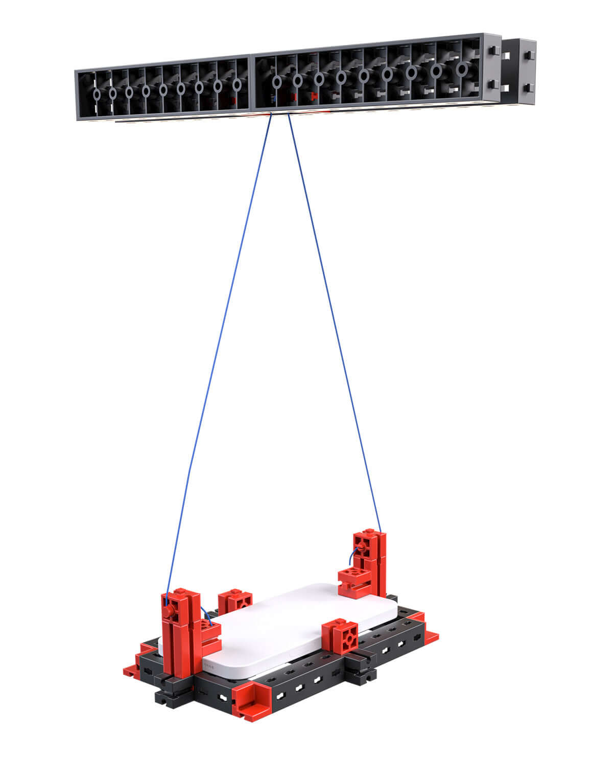 STEM Smart Physics construction set showcasing a pulley system with red and black building blocks for data analysis.