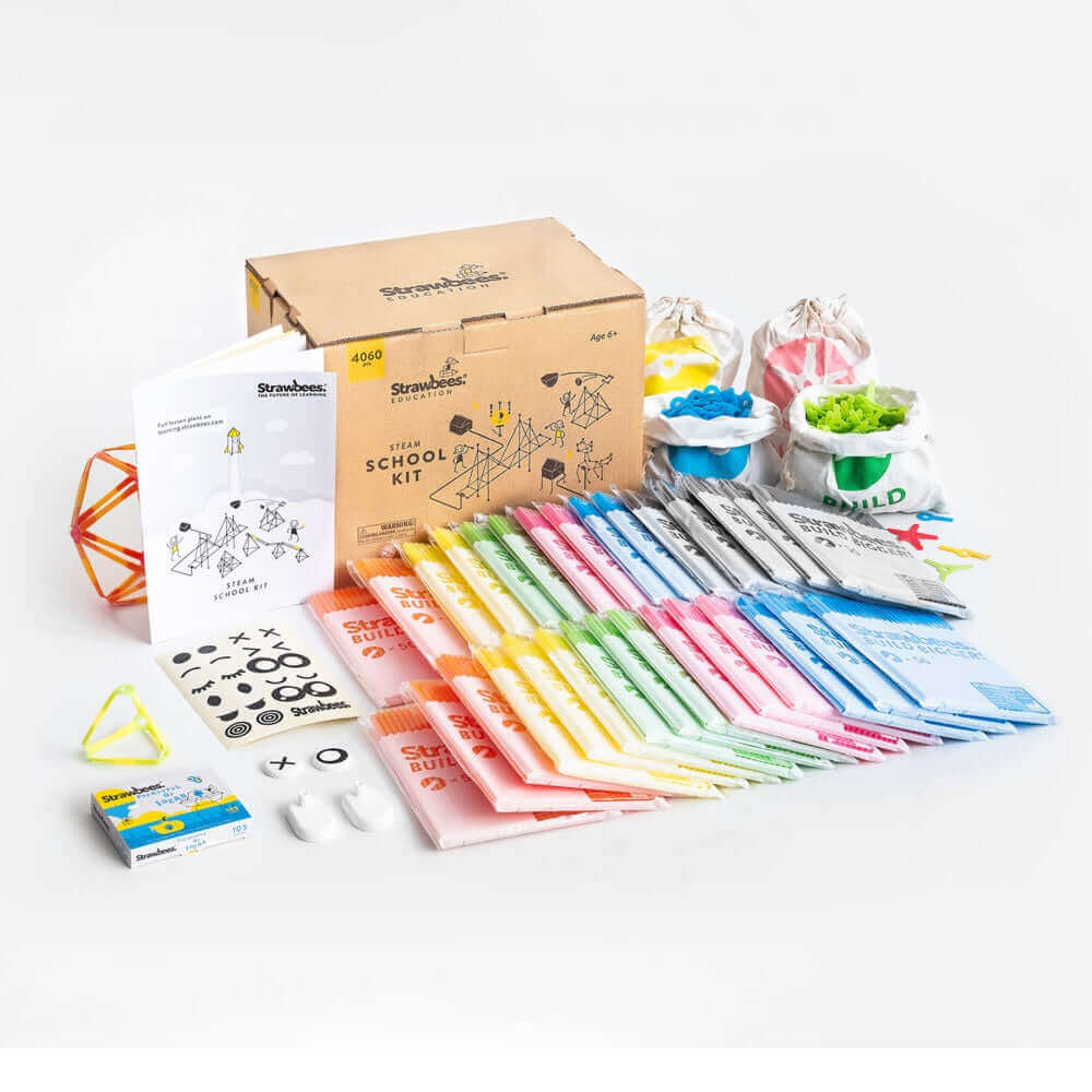 Strawbees STEAM School Classroom Building Set with colorful challenge cards and construction materials.