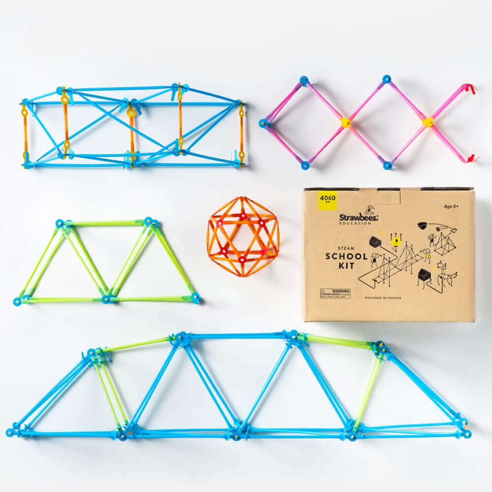 Strawbees STEAM School Classroom Building Set with colorful connectors and challenge cards for interactive learning.