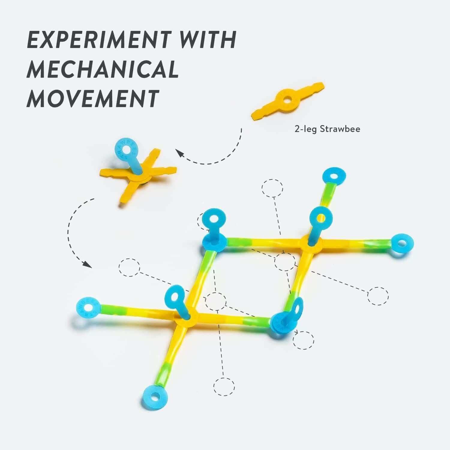 Colorful Strawbees construction demonstrating mechanical movement with 2-leg components for STEAM learning.