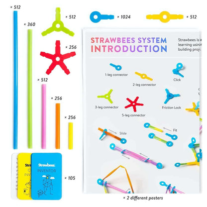 Colorful Strawbees connectors, straws, and challenge cards for hands-on STEAM learning and creative building.