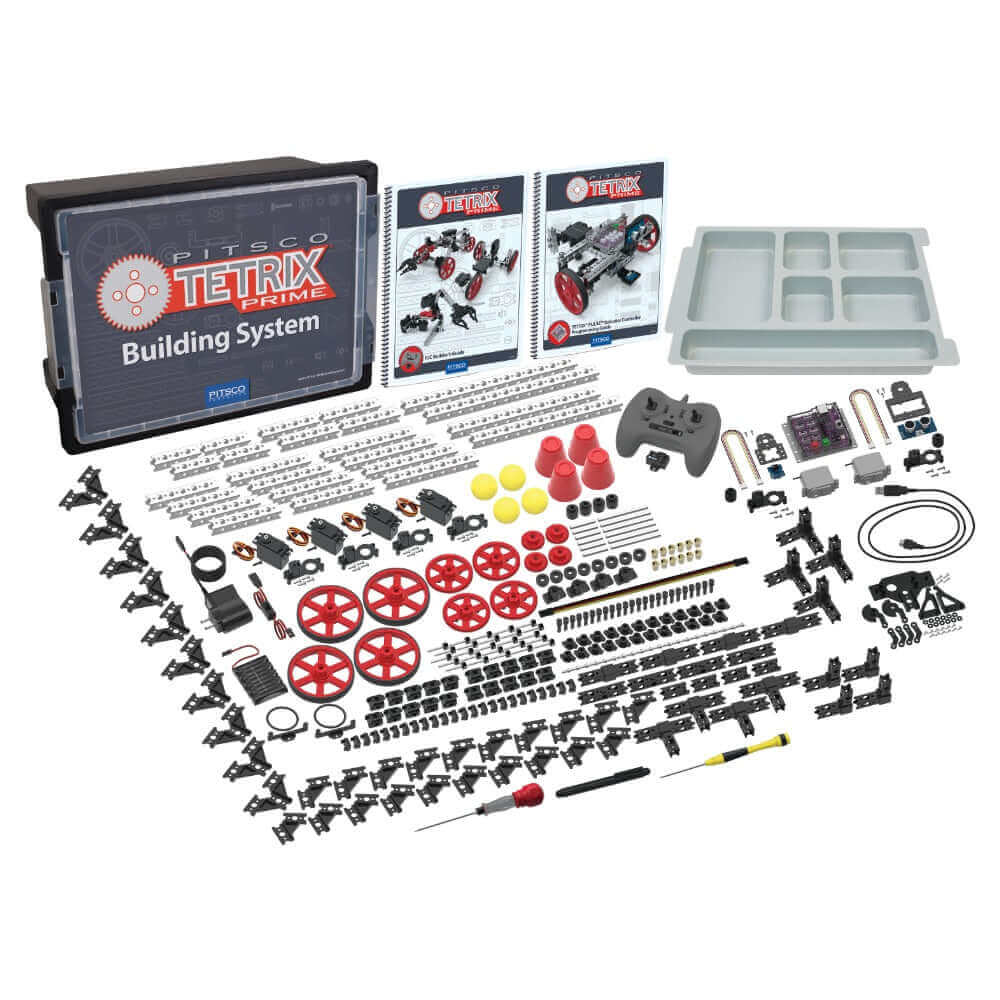 TETRIX® PRIME Robotics Set components, including controller, sensors, and over 290 building pieces for robotics projects.