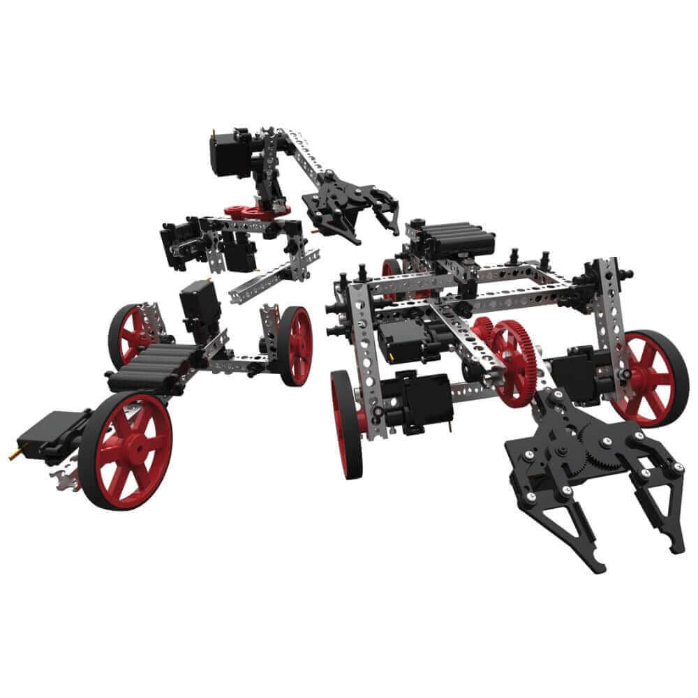 TETRIX PRIME robotics set showcasing various robot models with red wheels and mechanical arms for educational use.