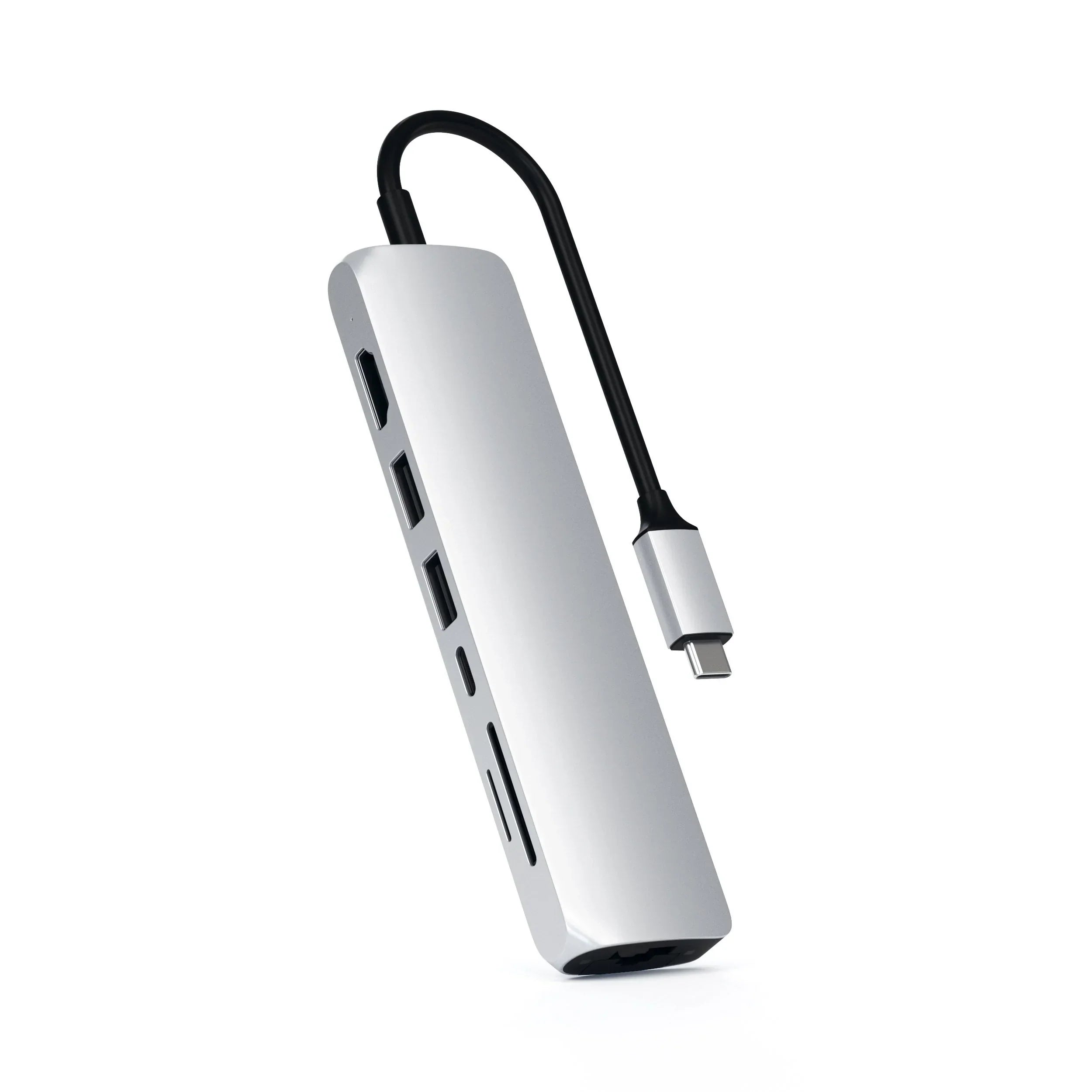 Satechi Type-C Slim Multiport Adapter with Ethernet, featuring HDMI, USB ports, and card readers for improved connectivity.
