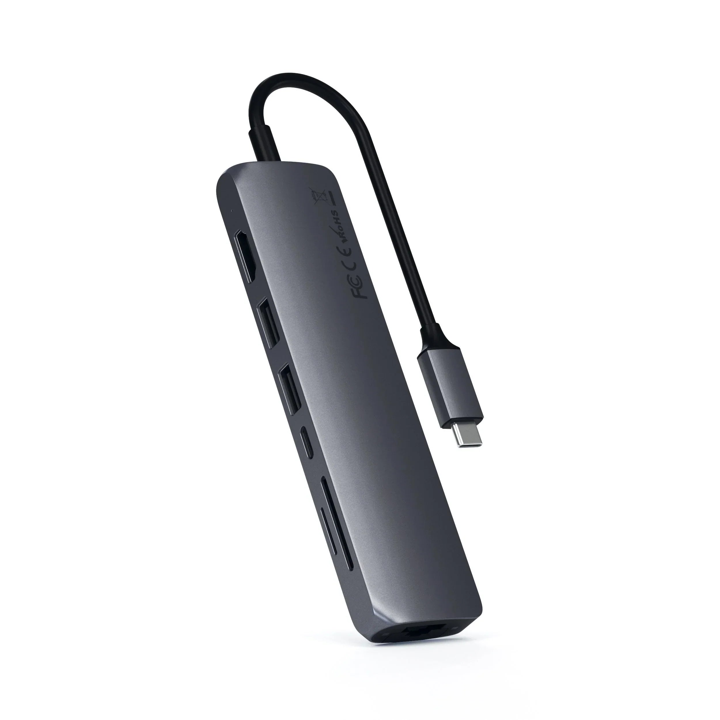 Satechi Type-C Slim Multiport Adapter with Ethernet, showcasing multiple ports and a compact design.
