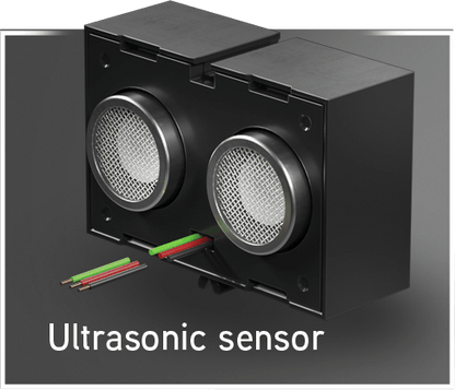 Ultrasonic sensor for robotics projects, featuring dual detection capabilities and wiring for easy connectivity.