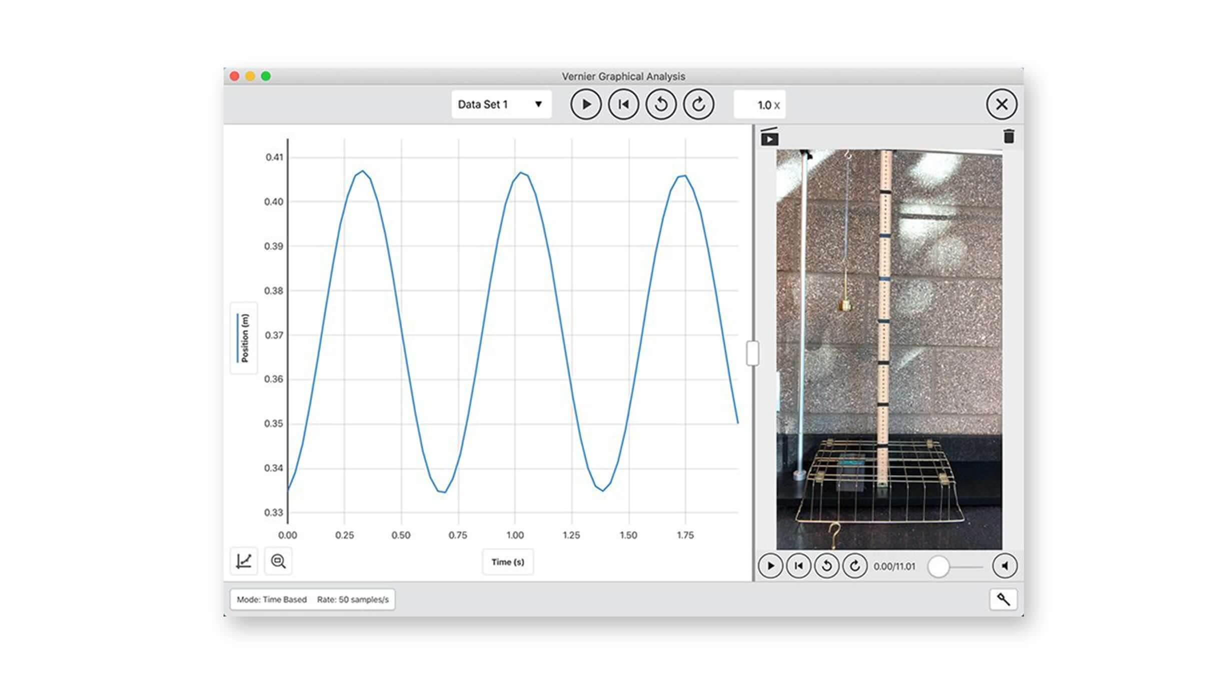Vernier Graphical Analysis app displaying a waveform graph and experiment setup for data analysis.
