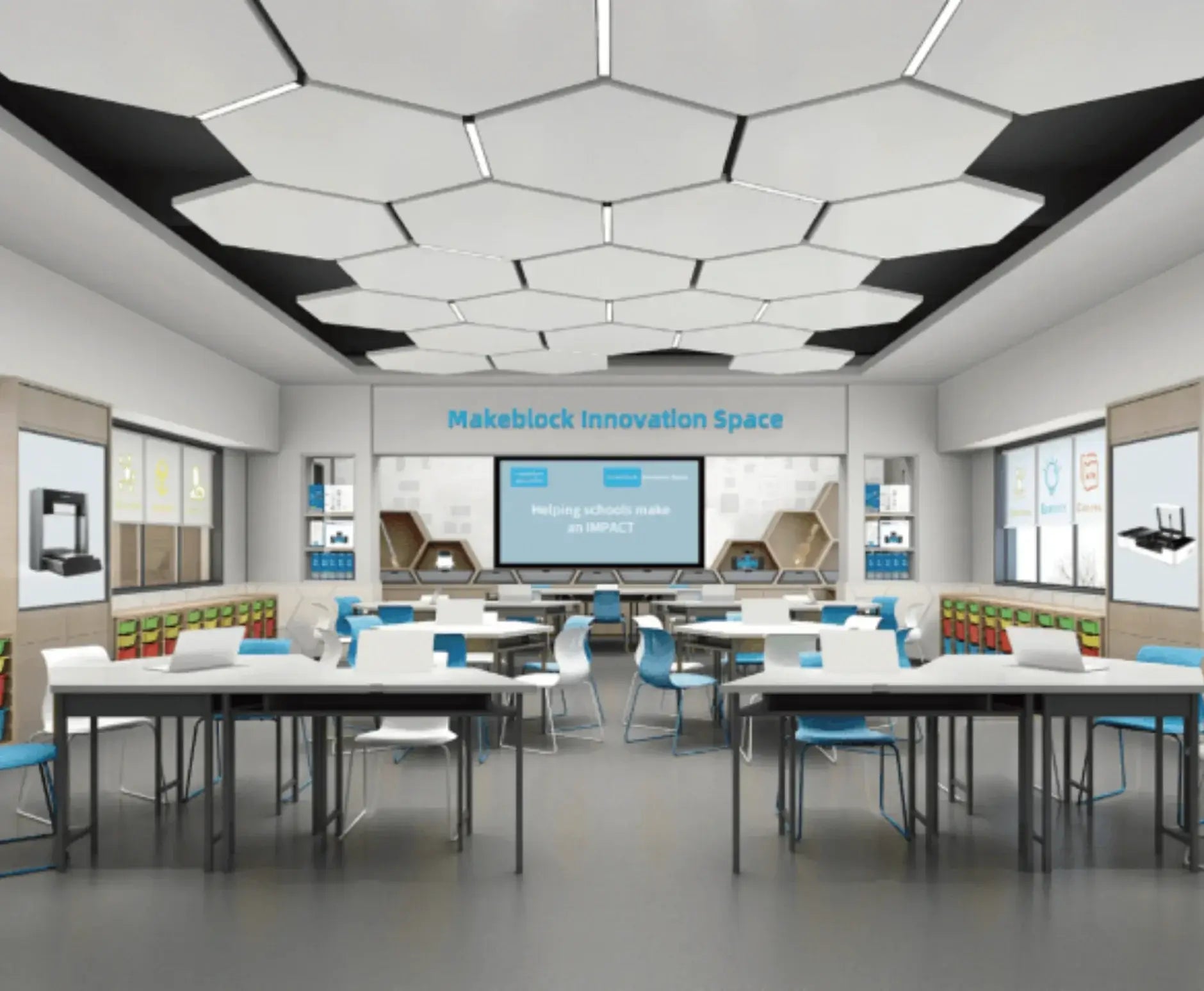 Modern Makeblock Innovation Space featuring desks, chairs, and technology for creative learning.
