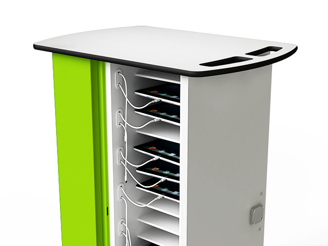 Compact zioxi iPad charging trolley holding 16 devices securely with charging cables organized for easy access.